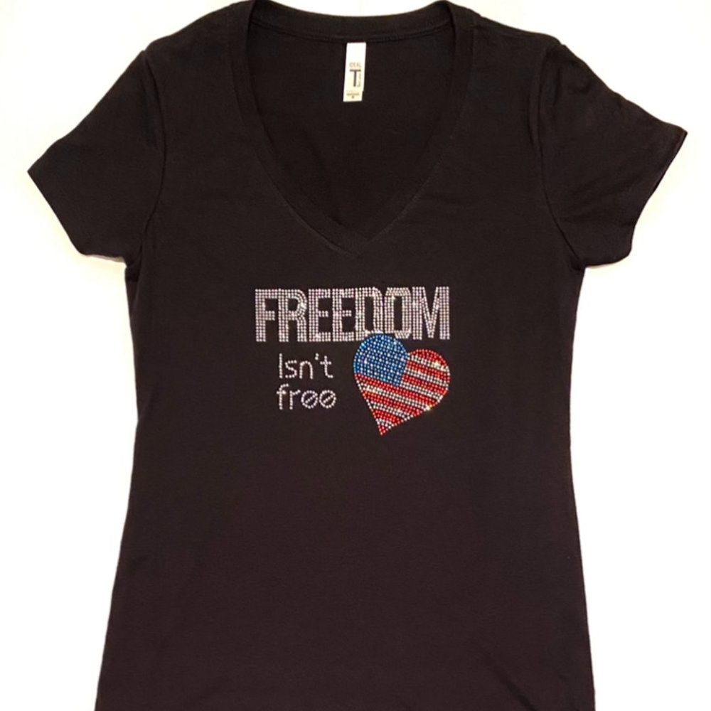 Freedom Isn't Free - Sparkling Bling / Rhinestone Women's Black V-Neck Shirt